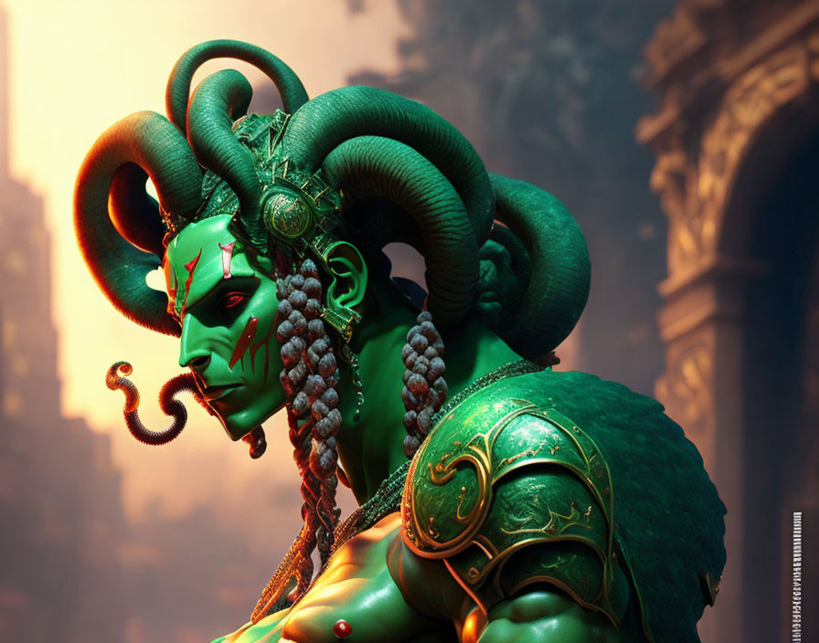 Detailed 3D Illustration of Character with Green Skin, Ram Horns, Snake-like Hair,