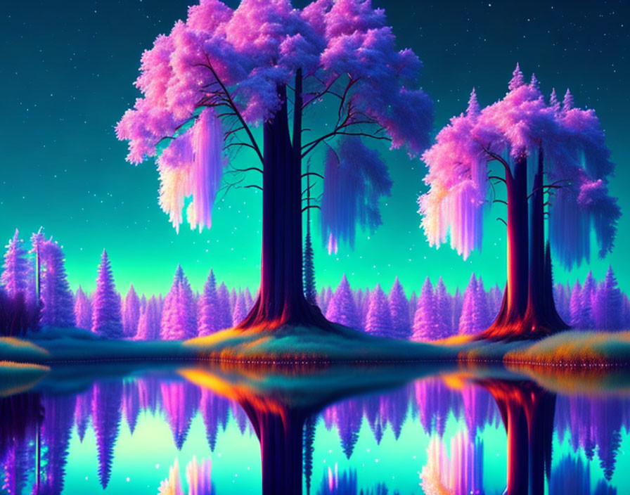 Digital artwork: Purple and pink illuminated trees reflected in serene water under starry sky