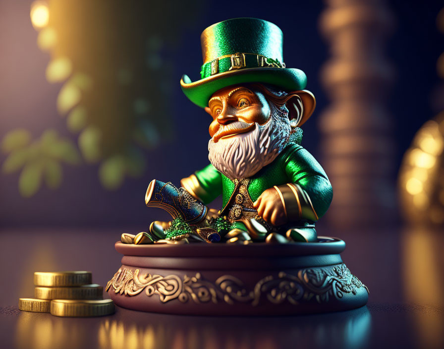 Leprechaun Figurine with Pot of Gold and Chess Pieces on Pedestal