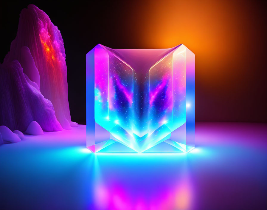 Radiant crystal with nebula-like pattern under warm and cool lighting