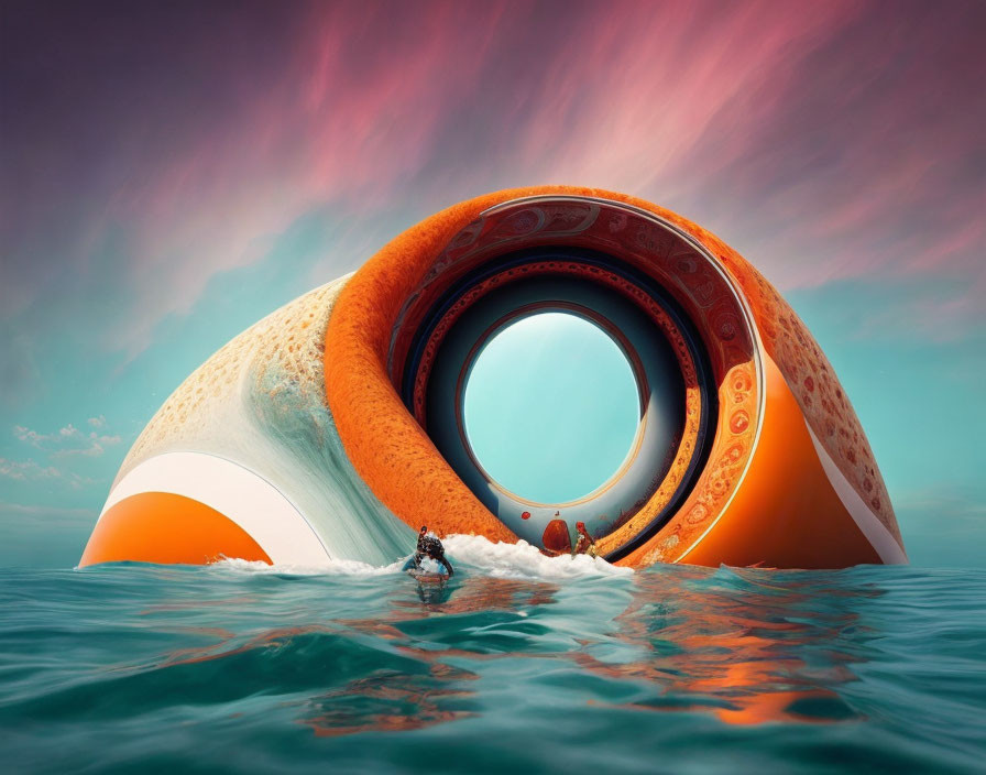 Two individuals in small boat near colossal ornate ring on ocean with surreal sky.