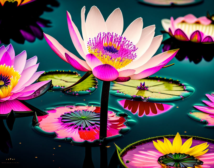 Pink and White Water Lilies on Dark Water Surface