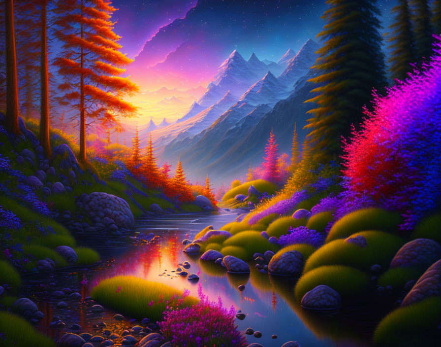 Scenic landscape with stream, colorful flora, starry sky, and snow-capped mountains