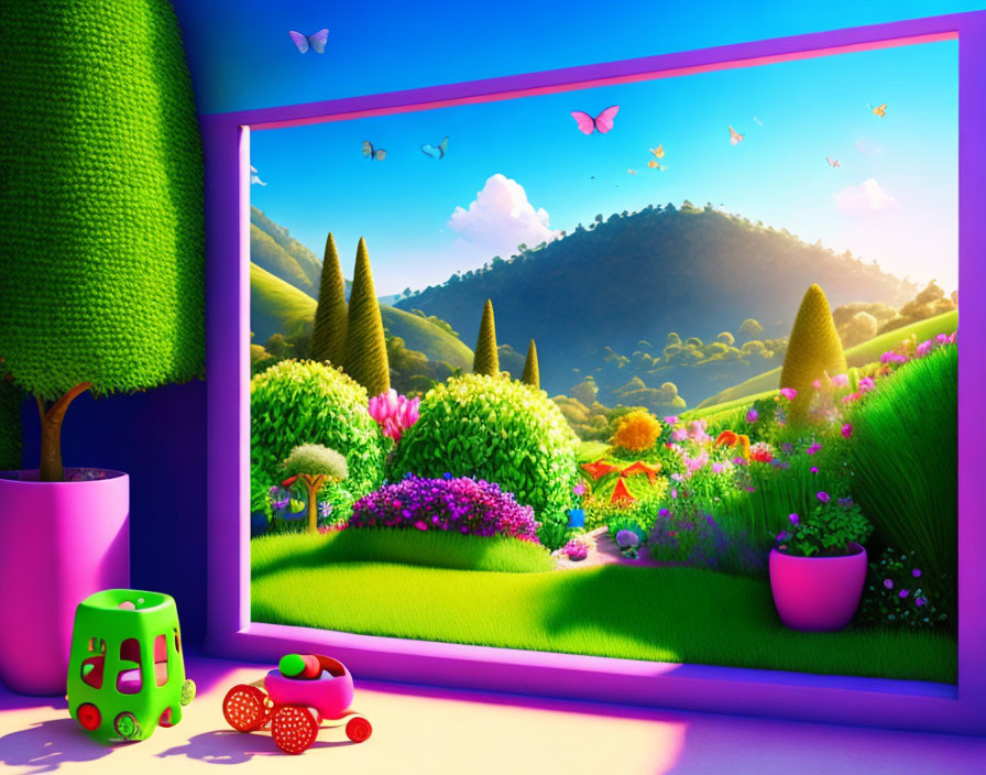 Vibrant animated garden view with butterflies, toy bus, and red phone