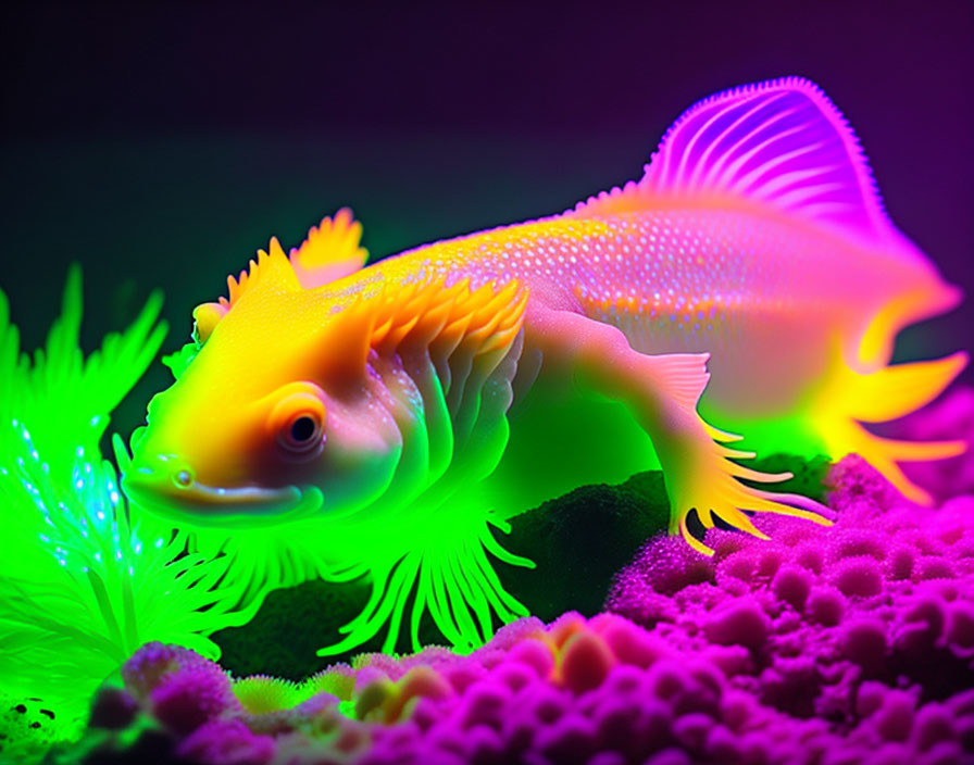 Colorful Neon-Lit Fish Swimming Above Bright Coral