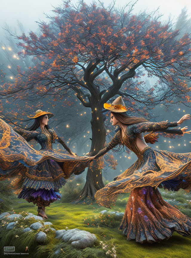 Two women in ornate fantasy dresses twirl under autumnal tree with fireflies in enchanted forest.