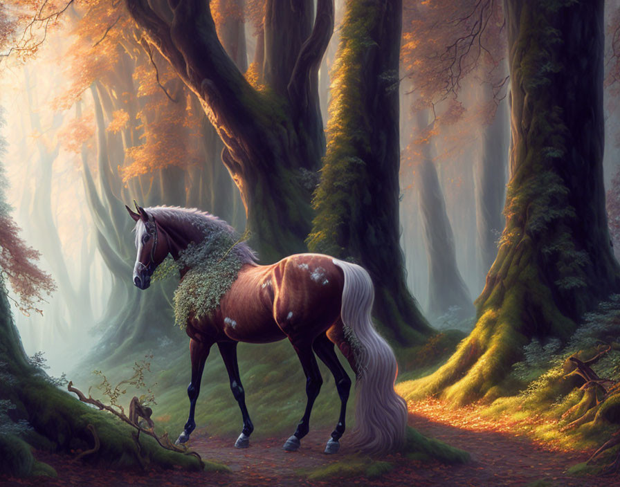 Majestic horse in magical forest with sunbeams