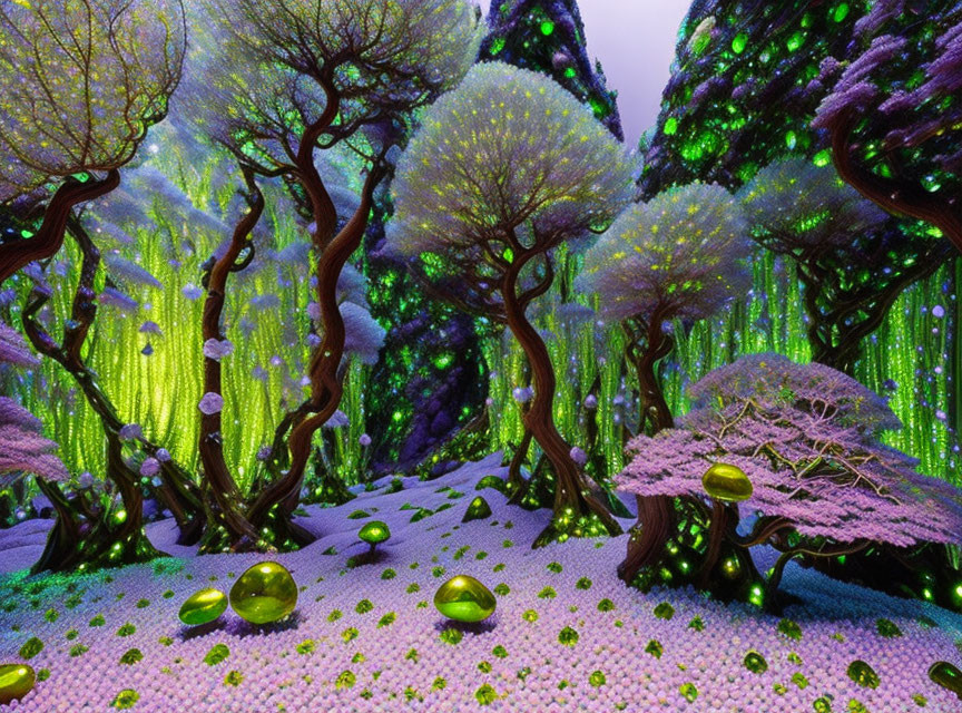 Fantastical forest with bioluminescent trees and glowing foliage