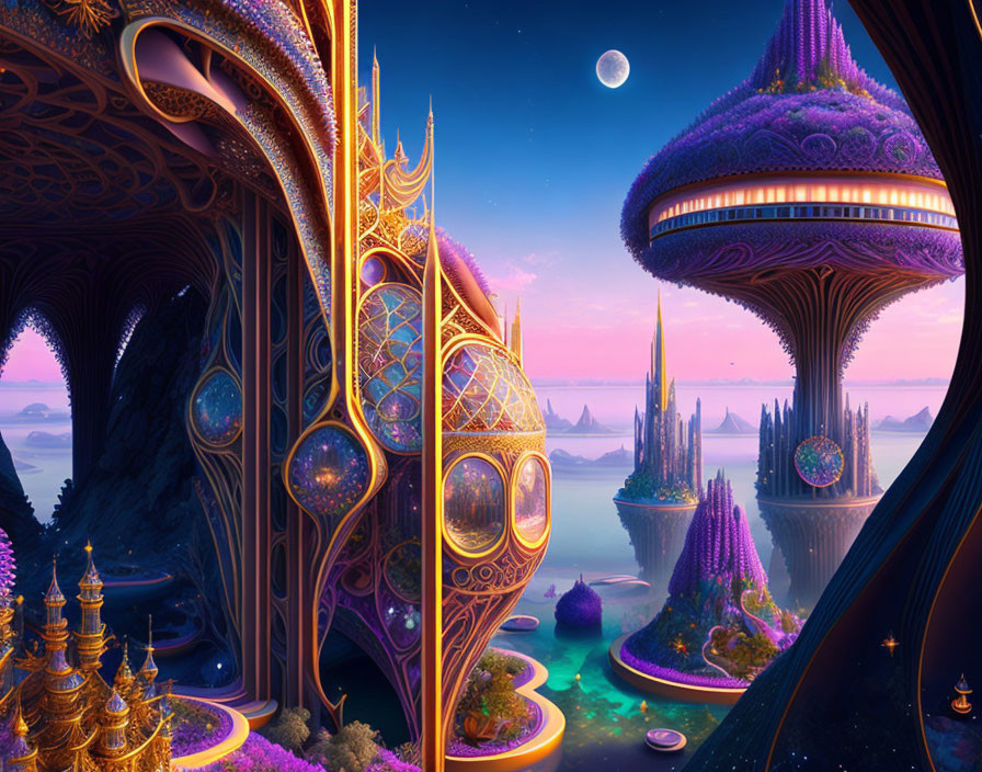 Fantastical landscape with glowing towers and floating islands.