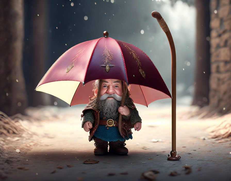 Illustration of small bearded gnome with maroon umbrella in forest