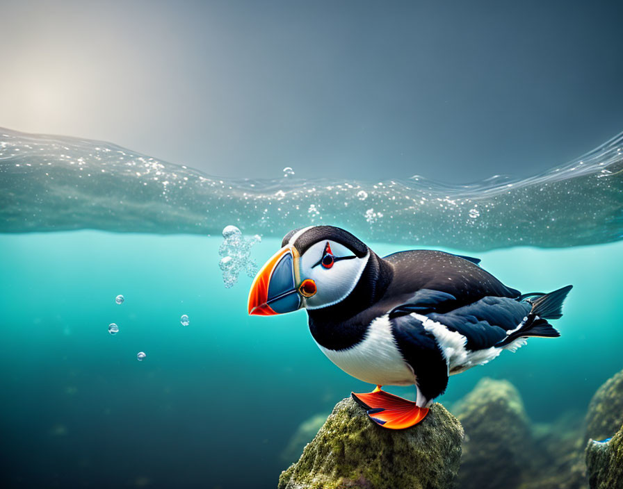 Puffin perched on rock with clear blue water and sunlight filtering through.