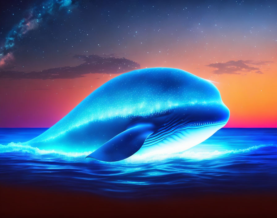 Whale digital art with cosmic pattern against sunset and starry sky