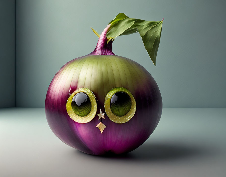 Purple Onion with Face-Like Features and Green Sprouts Illustration