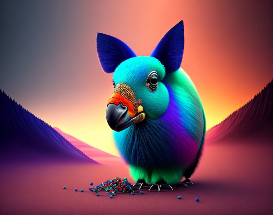 Colorful fantasy creature with bird-like beak and feathers on gradient background with scattered beads.