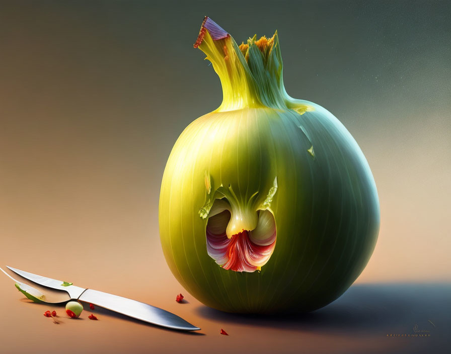 Illustration of crying green onion with scissors and red tears.