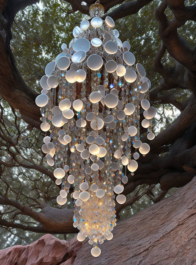 Circular Glass Chandelier Hanging from Tree Branch