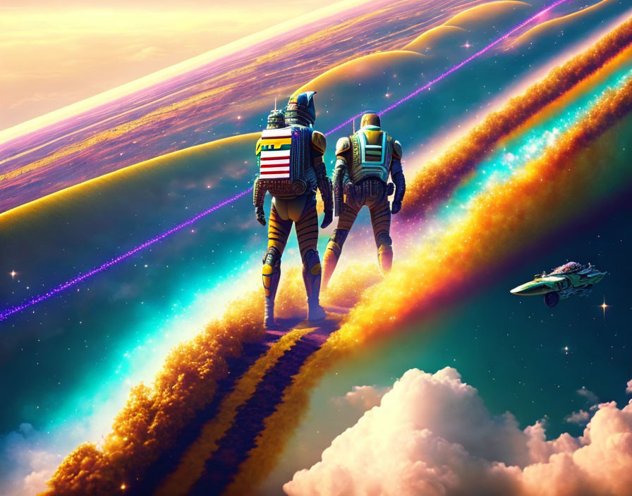 Astronauts on alien landscape with iridescent hills and spaceship.