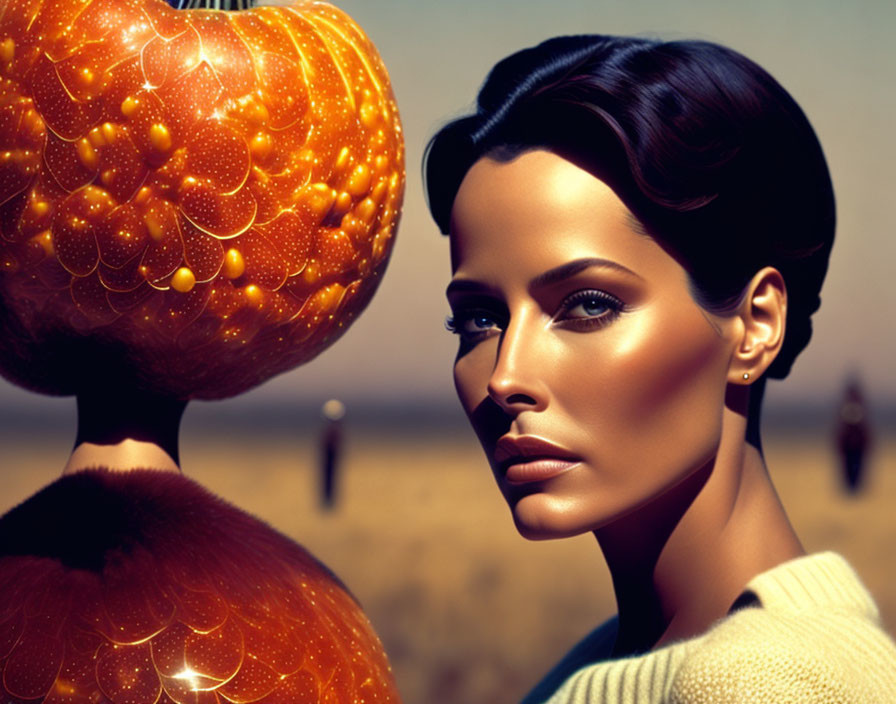 Surreal portrait of woman with flawless skin beside oversized pumpkin in desert setting