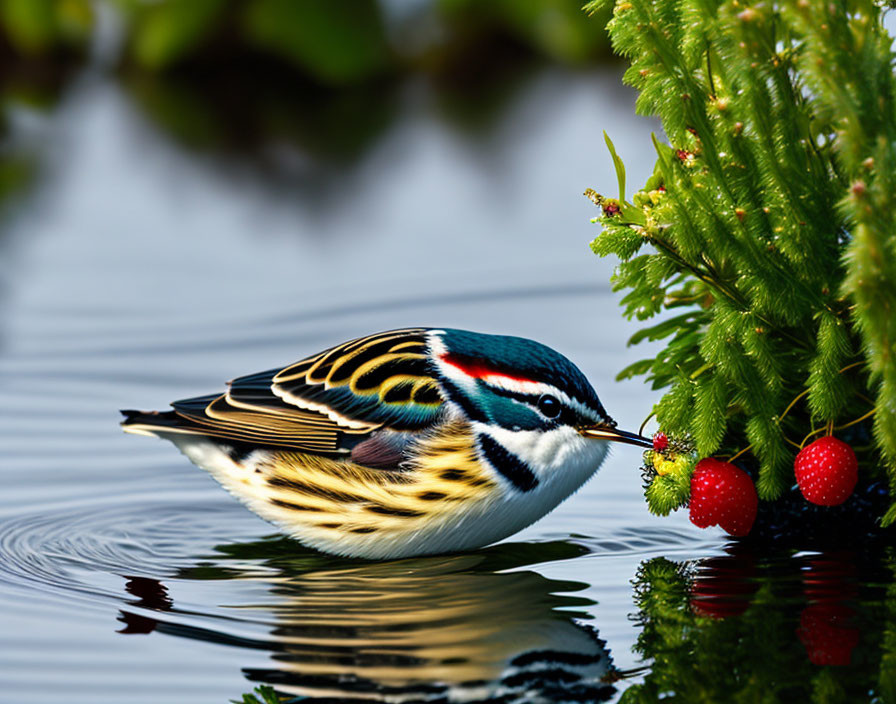 Colorful Bird with Striped Plumage Beside Red Berries and Green Foliage Reflected