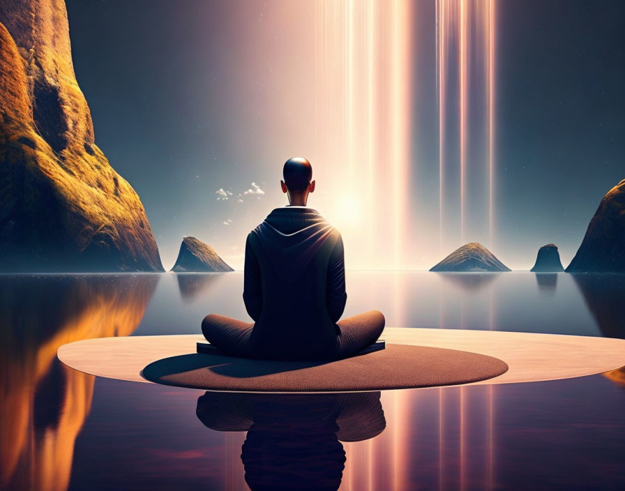 Person meditating on platform by water with surreal cliffs, starry sky, and light beams