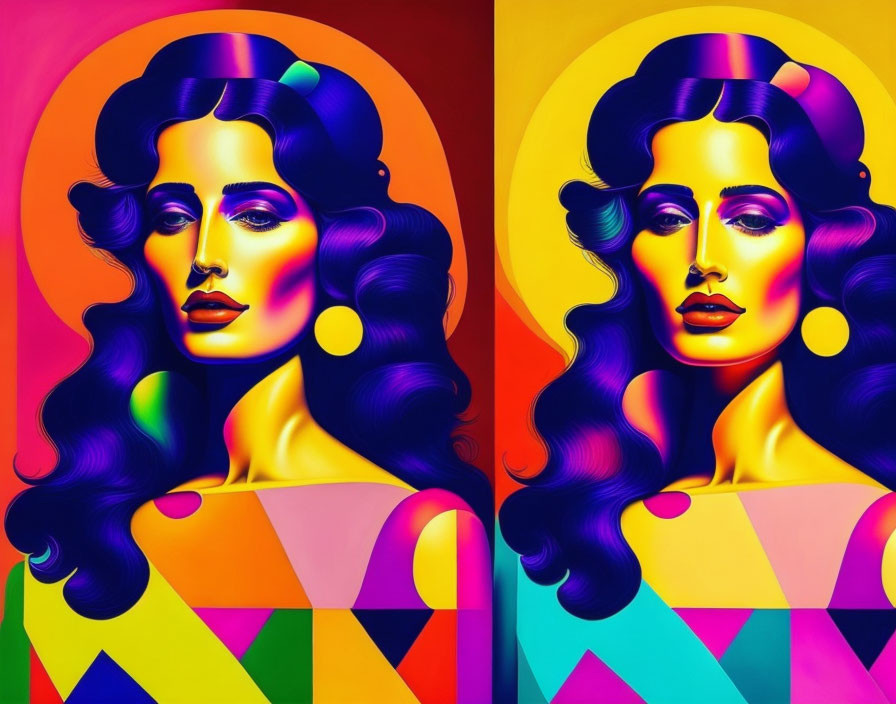 Colorful Pop Art Style Digital Portrait of Woman with Flowing Hair