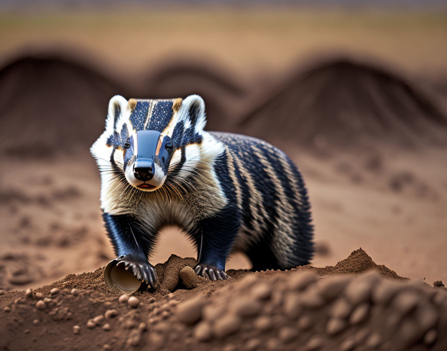 American Badger with Bold Face Stripes on Sandy Soil