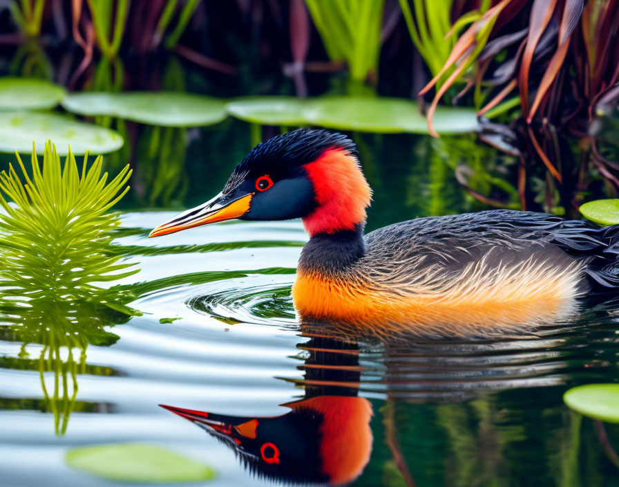 Colorful bird with sharp bill and vibrant plumage floating on water among green lily pads.