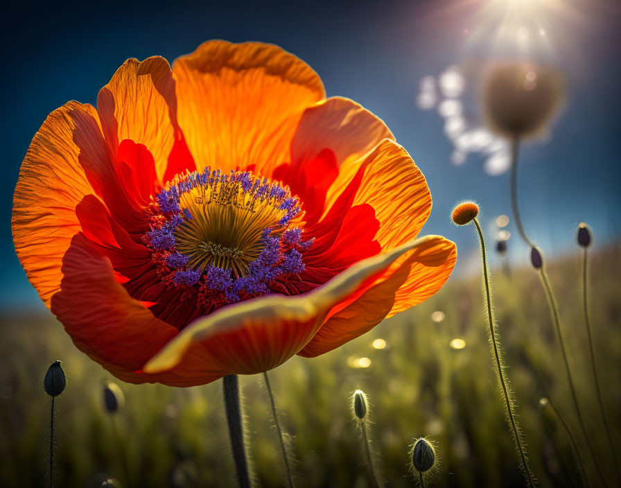 Vibrant Red Poppy Flower with Blue and Purple Center in Sunlit Field