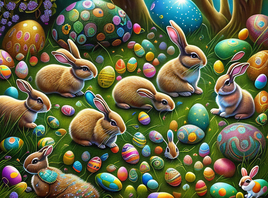 Colorful Easter Bunny Illustration with Patterned Eggs