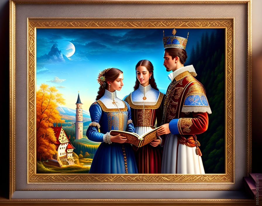 Medieval-themed royal trio reading book in front of castle and moonlit sky