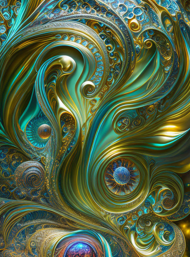 Blue, Gold, and Teal Fractal Art with Swirling Patterns