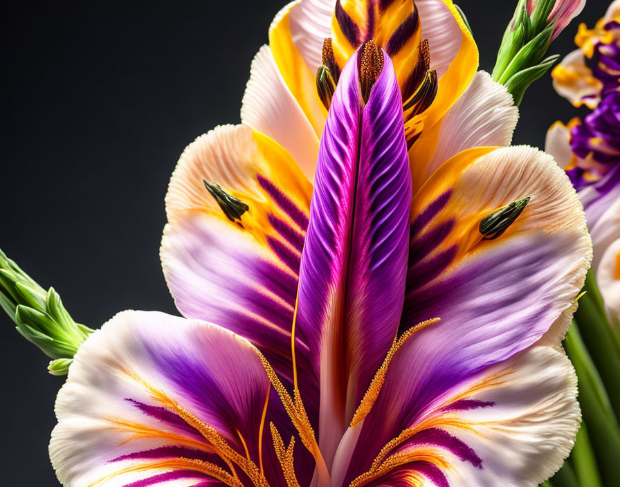 Colorful close-up of purple, white, and yellow flower with stamens on dark backdrop