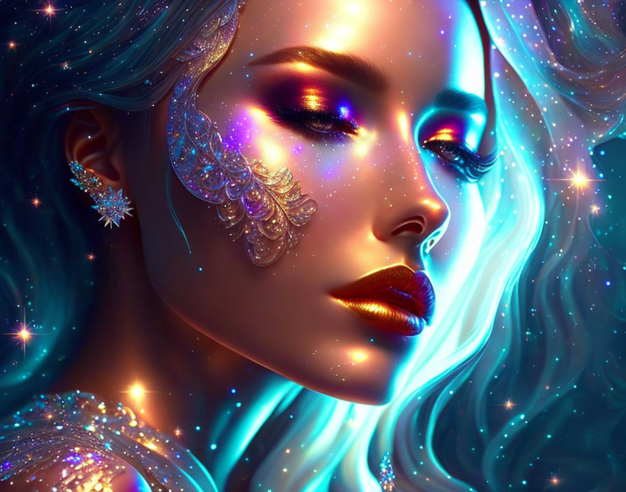 Vibrant portrait of woman with blue hair, sparkling makeup, and golden lips in starry setting