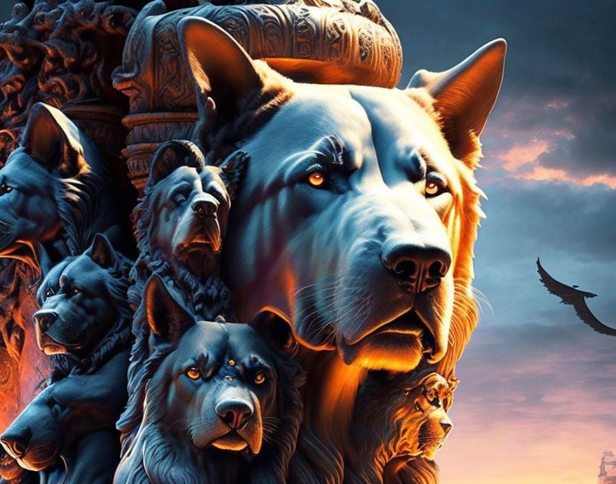 Artwork of multiple wolves with dominant large wolf head in center against orange and blue sky