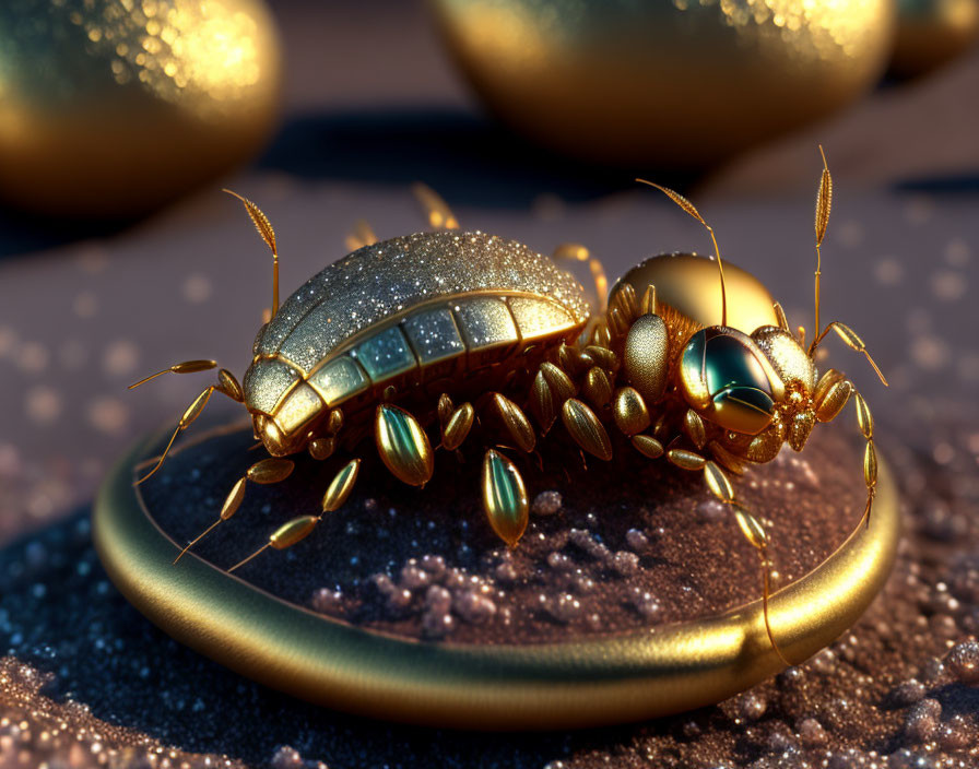 Shiny golden mechanical ant on sandy backdrop with gold spheres.