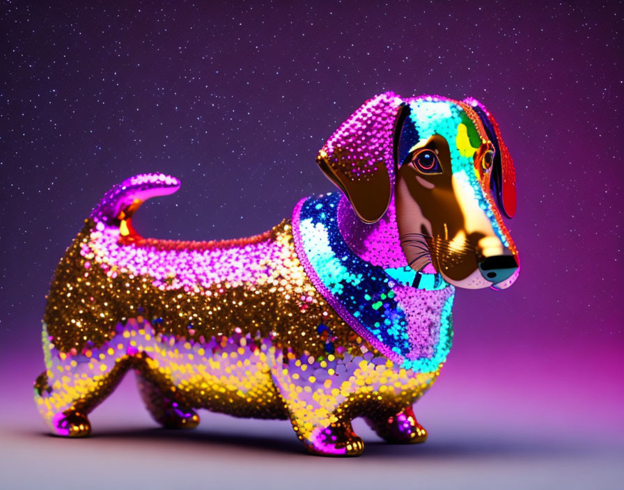 Colorful Glitter Dachshund Figurine on Starry Purple Background