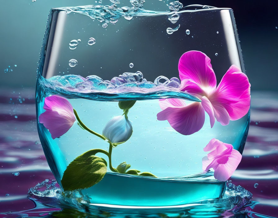 Colorful glass of water with pink flowers and splashing water on blue background