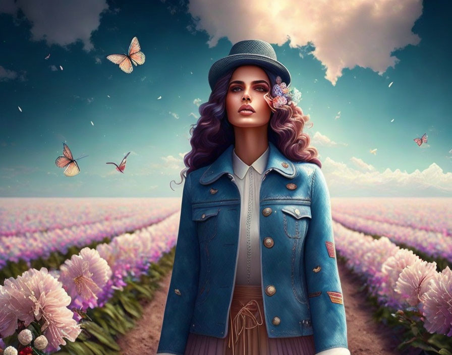 Portrait of woman in blue hat and denim jacket surrounded by purple flowers and butterflies under cloudy sky.