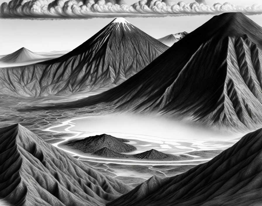 Monochrome illustration of dramatic mountain landscape with central lake