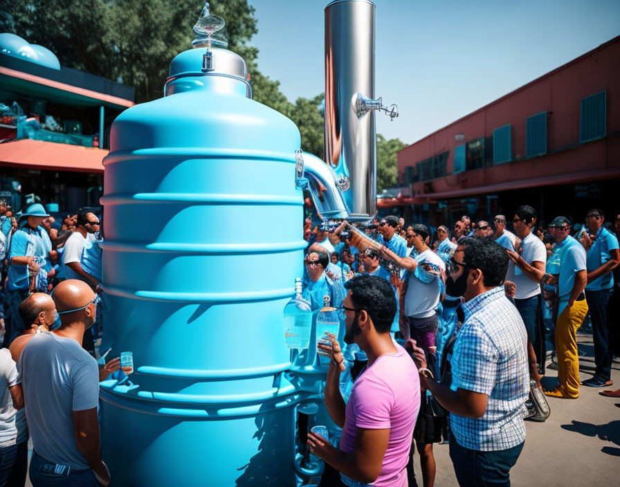 Outdoor Gathering Around Large Blue Water Dispenser