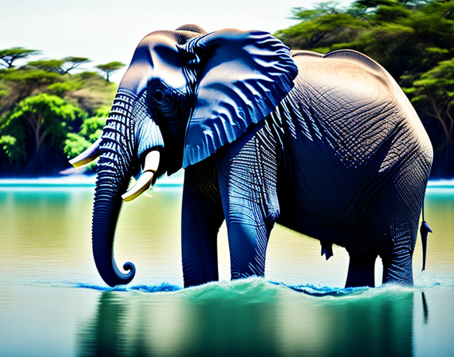 Intricately patterned elephant in water with lush greenery