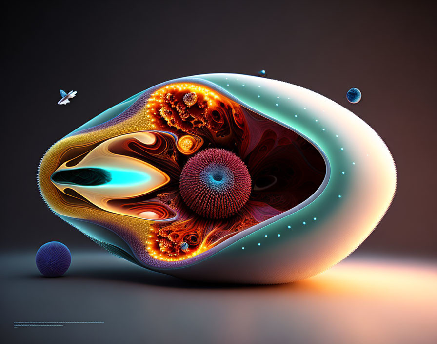 Colorful surreal 3D artwork of abstract organic shape on muted background