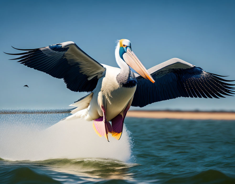 Pelican gliding above water with wings spread under clear blue sky