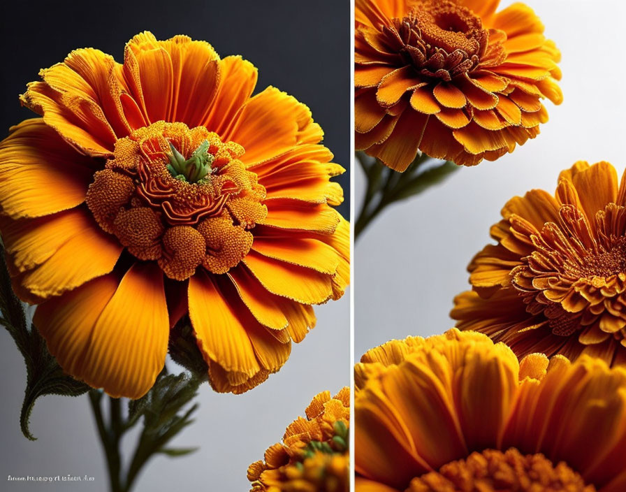 Detailed Diptych of Orange Marigold Flowers on Dark Background