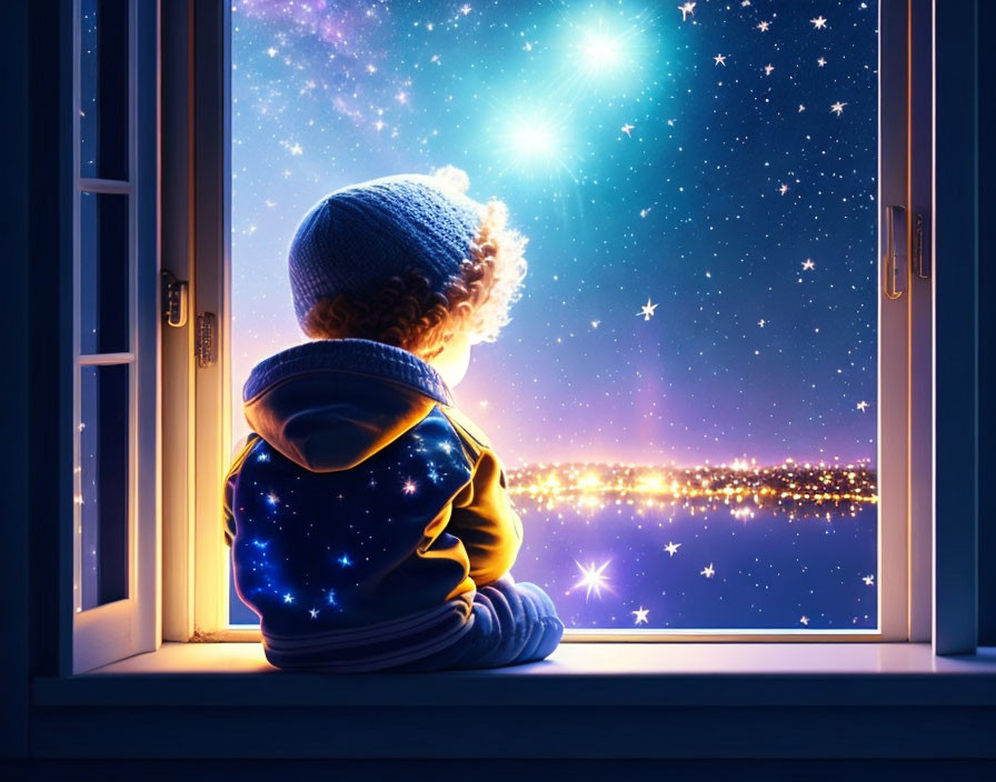 Child in Blue Beanie Gazes at Night Sky and Cityscape from Windowsill