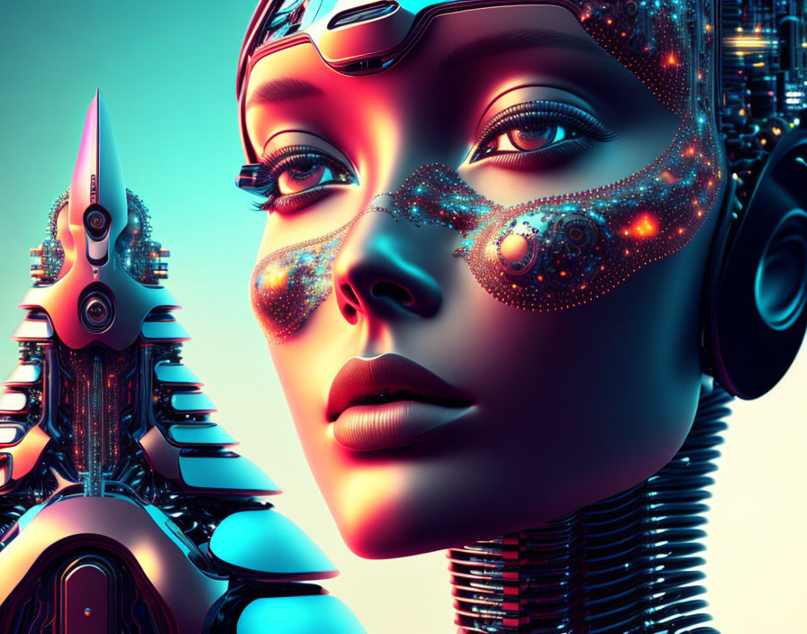 Detailed Close-Up of Female Android with Cybernetic Enhancements