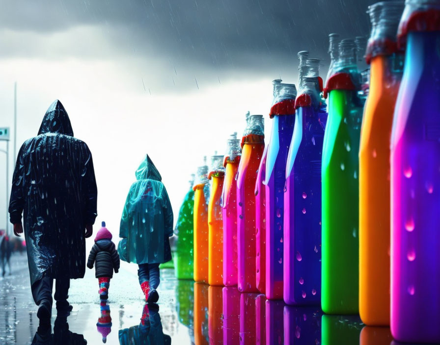 Colorful Array of Bottles on Wet Ground with People in Raincoats under Rainy Sky