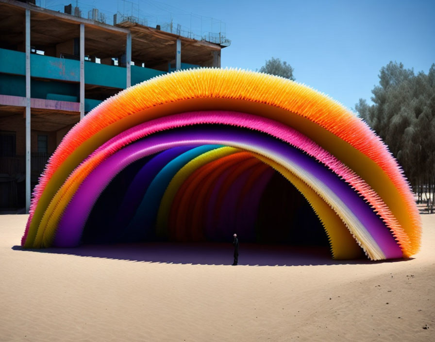 Vibrant arched tunnel installation on sandy beach with person and building.