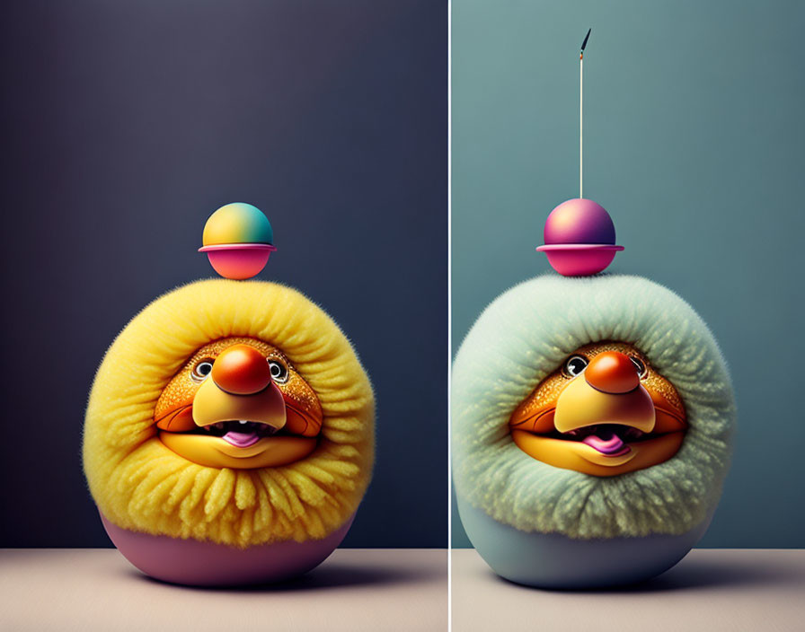 Stylized toy with fuzzy body, beak, and hat; one with antenna.