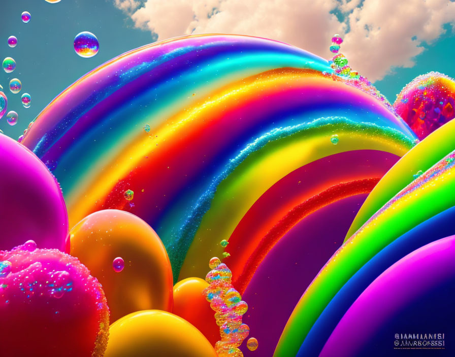 Colorful Glossy Spheres and Arches with Rainbow Appearance in Bright Sky